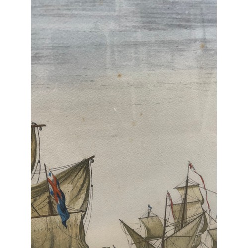 2104 - E Kirkall, after Baston, pair of hand coloured engravings, sea battle scenes, image 40cm x 50cm, fra... 