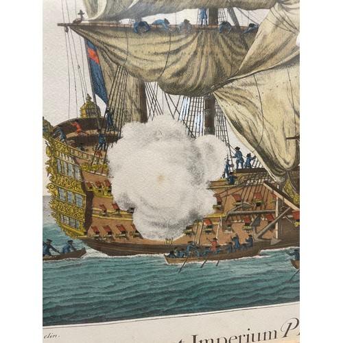 2104 - E Kirkall, after Baston, pair of hand coloured engravings, sea battle scenes, image 40cm x 50cm, fra... 