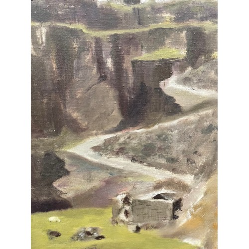 2066 - Mid-20th century oil on canvas, quarry scene with sheep, signed with red Studio stamp, 53cm x 42cm, ... 