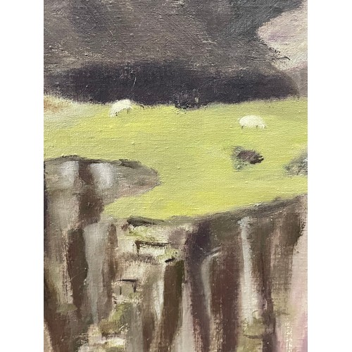 2066 - Mid-20th century oil on canvas, quarry scene with sheep, signed with red Studio stamp, 53cm x 42cm, ... 