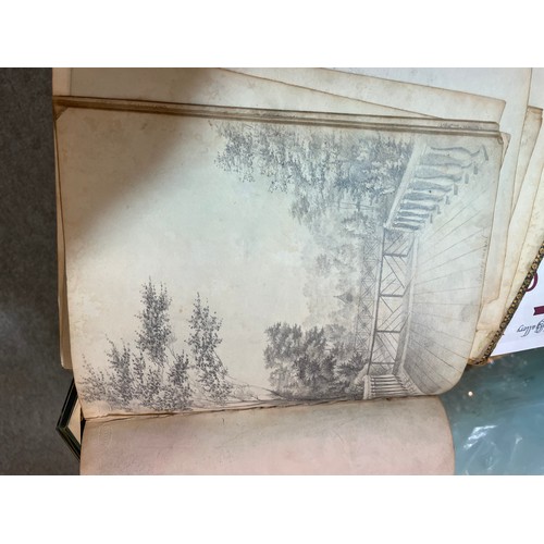 2027 - Mary Drew, 19th century leather-bound sketch album containing pencil drawings, including buildings a... 