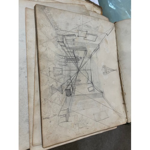 2027 - Mary Drew, 19th century leather-bound sketch album containing pencil drawings, including buildings a... 