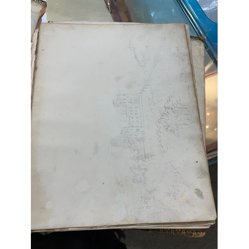 2027 - Mary Drew, 19th century leather-bound sketch album containing pencil drawings, including buildings a... 