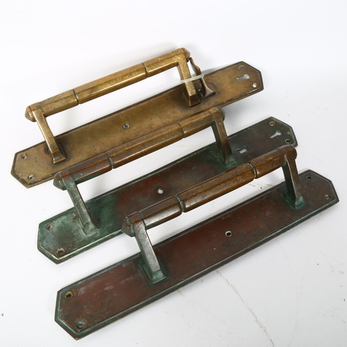 19 - A set of 3 Antique cast-brass door handles, plate length 40cm