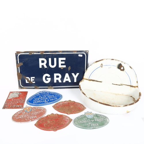 4 - A French blue and white enamel street sign, 6 agricultural plaques, and a wall-hanging enamel basin