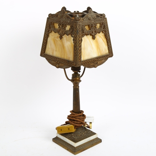 44 - A mid-20th century brass and marble column table lamp, with mottled glass panel shade, overall heigh... 
