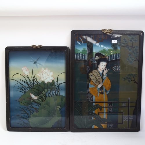 56 - 2 Japanese reverse paintings on glass, both framed, largest overall 71cm x 50cm (2)