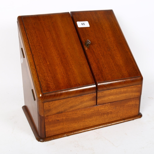 65 - An Edwardian mahogany stationery box, with glass inkwells and pen tray, W33cm, H30cm, D21cm