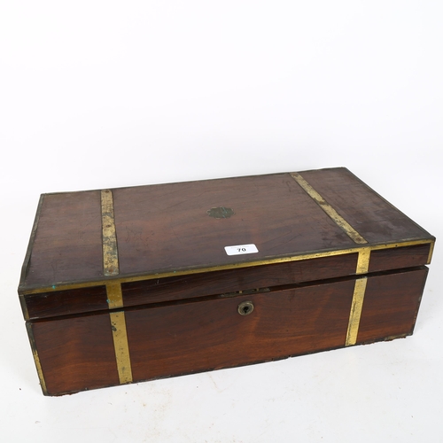 70 - A large Victorian campaign brass-bound rosewood folding writing slope, width 51cm
