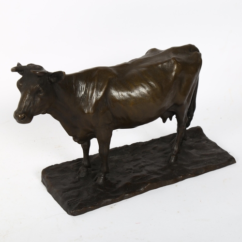74 - After Alfred Dubucand, patinated bronze sculpture, cow, signed, length 23cm