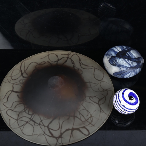 134 - 3 pieces of studio glass, paperweight signed to base, diameter bowl 28cm