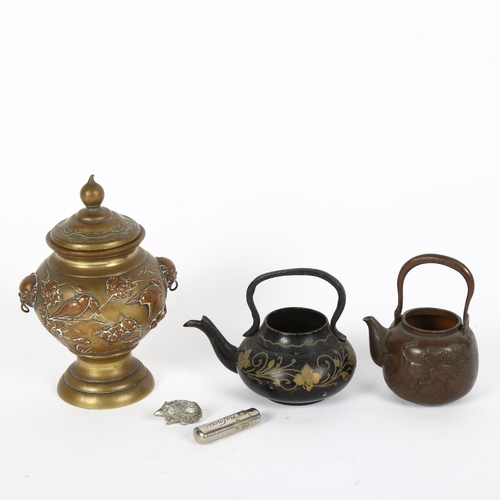140 - 3 miniature Japanese items, including vase and cover, kettle etc
