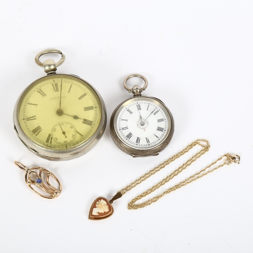 141 - An Art Nouveau style 9ct gold sapphire pendant, 9ct cameo necklace, and 2 pocket watches