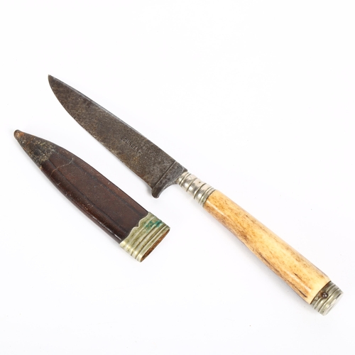 143 - A German staghorn-handled hunting knife, with steel Solingen blade and leather sheath, blade length ... 