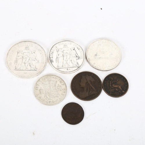 163 - Various coins, including French silver 50 and 10 francs, silver Canadian dollar, William III halfpen... 