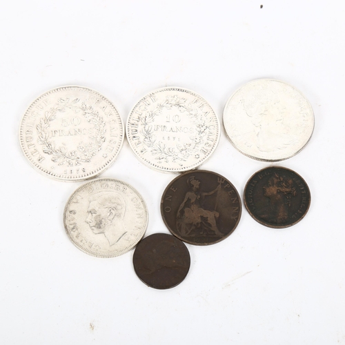 163 - Various coins, including French silver 50 and 10 francs, silver Canadian dollar, William III halfpen... 