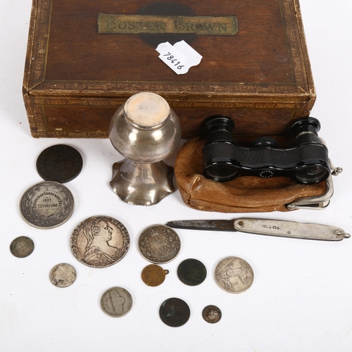 170 - Various coins, silver fruit knife, pair of opera glasses, Greek silver vase etc