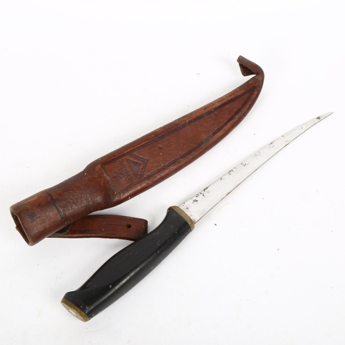 172 - A Finnish Normark filleting knife and leather sheath, blade length 16cm