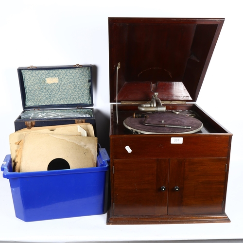 257 - A large mahogany-cased wind-up gramophone, with various vinyl records (2 boxes)