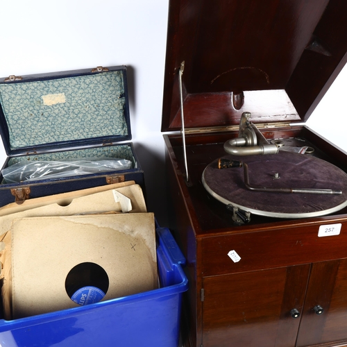 257 - A large mahogany-cased wind-up gramophone, with various vinyl records (2 boxes)