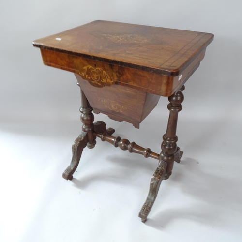 2065 - A 19th century rosewood sewing table, with inlaid decoration and fitted interior, 56cm x 72cm x 41cm