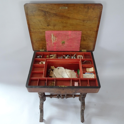 2065 - A 19th century rosewood sewing table, with inlaid decoration and fitted interior, 56cm x 72cm x 41cm