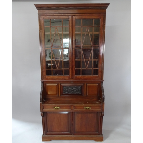 2078 - A 19th century mahogany 2-section secretaire bookcase, with lattice-glazed doors, a fall-front revea... 