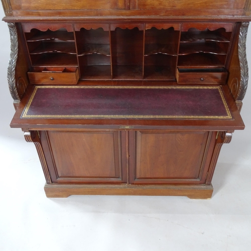 2078 - A 19th century mahogany 2-section secretaire bookcase, with lattice-glazed doors, a fall-front revea... 