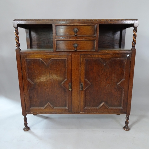 2079 - A 1920s oak Court cupboard, with 2 fitted drawers and cupboards under, 122cm x 122cm x 40cm