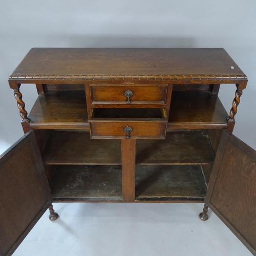 2079 - A 1920s oak Court cupboard, with 2 fitted drawers and cupboards under, 122cm x 122cm x 40cm