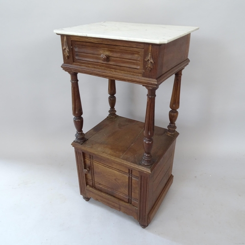 2102 - A French oak marble-top pot cupboard, 39cm x 85cm x 36cm