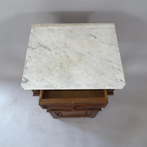 2102 - A French oak marble-top pot cupboard, 39cm x 85cm x 36cm