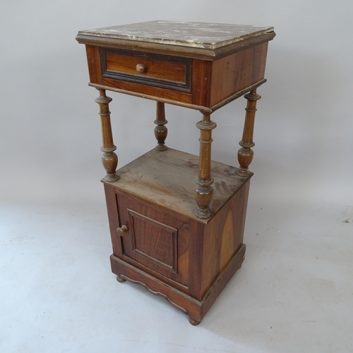 2103 - A French oak marble-top pot cupboard, 38cm x 83cm x 32cm