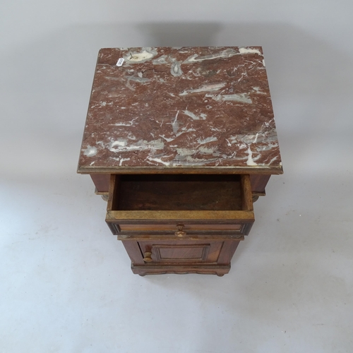 2103 - A French oak marble-top pot cupboard, 38cm x 83cm x 32cm