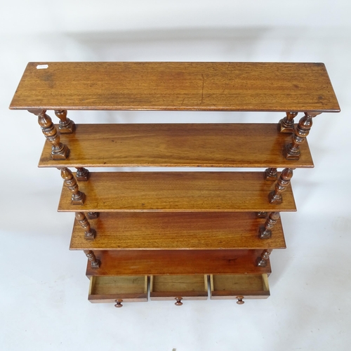 2111 - A Victorian mahogany 5-tier Etagere, with 3 fitted drawers and oak shelves, with bun feet, 85cm x 11... 