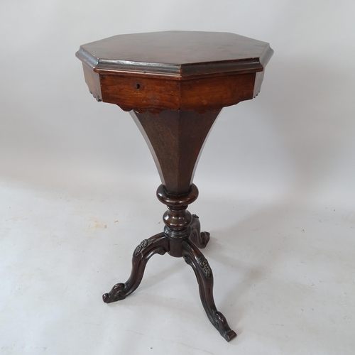 2123 - A Regency rosewood octagonal work table, with fitted interior, on tripod base, 42cm x 78cm