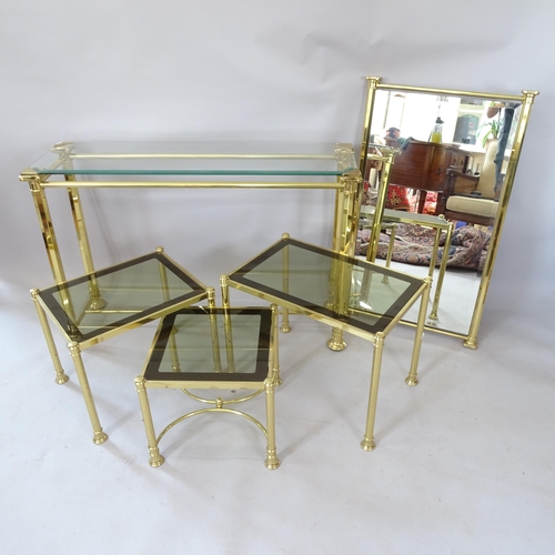 2125 - A brass Hollywood Regency style glass-top console table, L114cm, H76cm, D33cm, a nest of 3 brass Hol... 