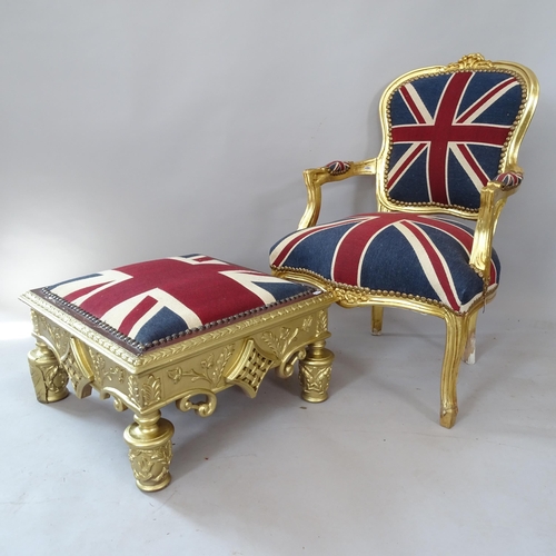 2132 - A gilt-painted open armchair, with Union flag upholstery, and matching footstool (2)