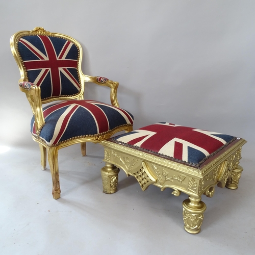 2132 - A gilt-painted open armchair, with Union flag upholstery, and matching footstool (2)