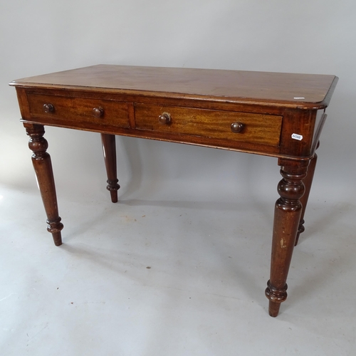 2134 - A 19th century mahogany side table, with 2 frieze drawers on turned legs, 106cm x 72cm x 54cm