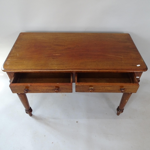 2134 - A 19th century mahogany side table, with 2 frieze drawers on turned legs, 106cm x 72cm x 54cm