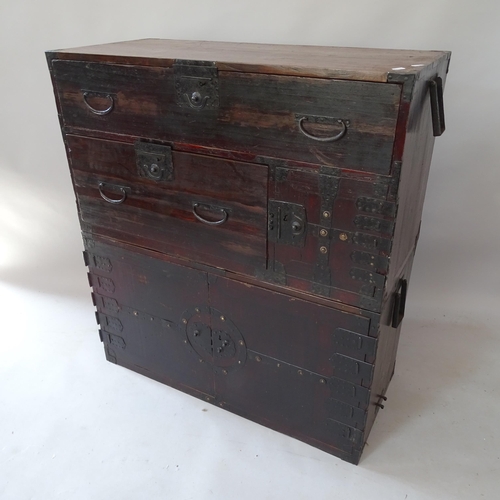 2174 - A modern Oriental elm metal-bound chest, fitted with 7 drawers, 91cm x 102cm x 41cm