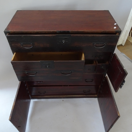 2174 - A modern Oriental elm metal-bound chest, fitted with 7 drawers, 91cm x 102cm x 41cm