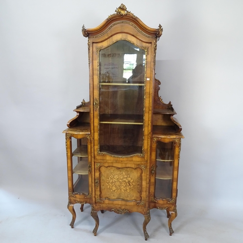 2191 - An ornate 19th century walnut and marquetry inlaid vitrine cabinet, flanked by smaller side cabinets... 