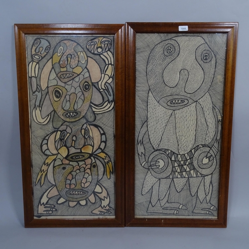 1906 - Pade Atinuke, pair of pen ink and watercolour drawings on canvas, abstract figures, signed, 85cm x 4... 