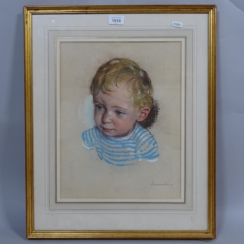 1910 - William Dring, chalk and crayon, portrait study of a young child, image size 37cm x 29cm, 57cm x 46c... 