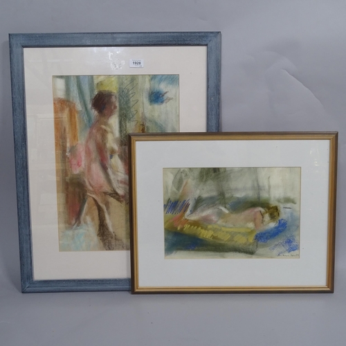 1928 - Coloured pastels, seated nude, indistinctly signed, 19