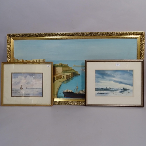 1931 - V Gatt, oil on board, Continental harbour scene, 130cm x 70cm, and 2 other watercolours (3)