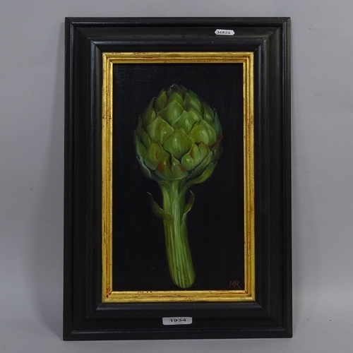 1934 - Oil on panel, study of an artichoke, signed with monogram MR, 43cm x 30cm, framed