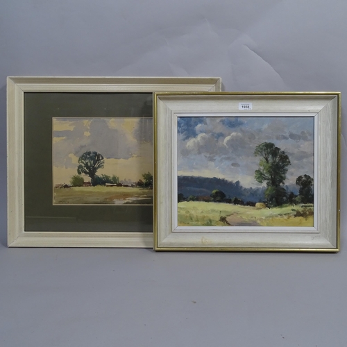 1938 - Hipkiss, oil on board, Elms near Clent, and watercolour, panoramic farm view, framed (2)